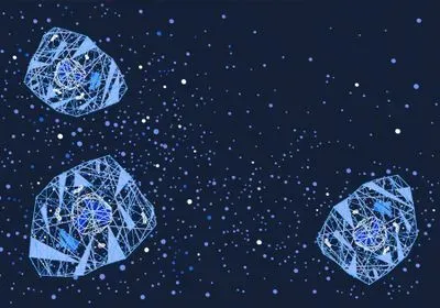 Conceptual illustration of cells releasing cytokines in various shades of blue